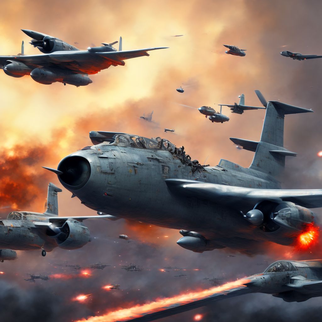 War operations involving destruction of aircraft due to onboard fire, civilian, initial encounter digital illustration