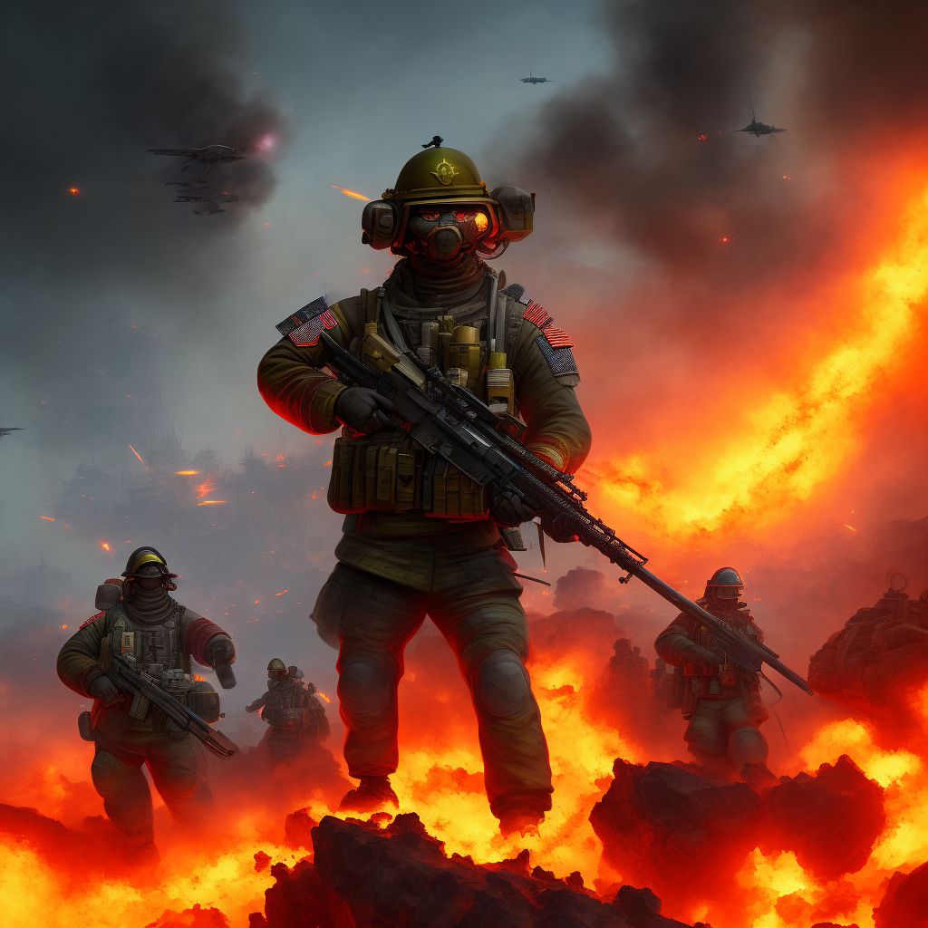 War operations involving unspecified fire, conflagration and hot substance, military personnel, initial encounter digital illustration