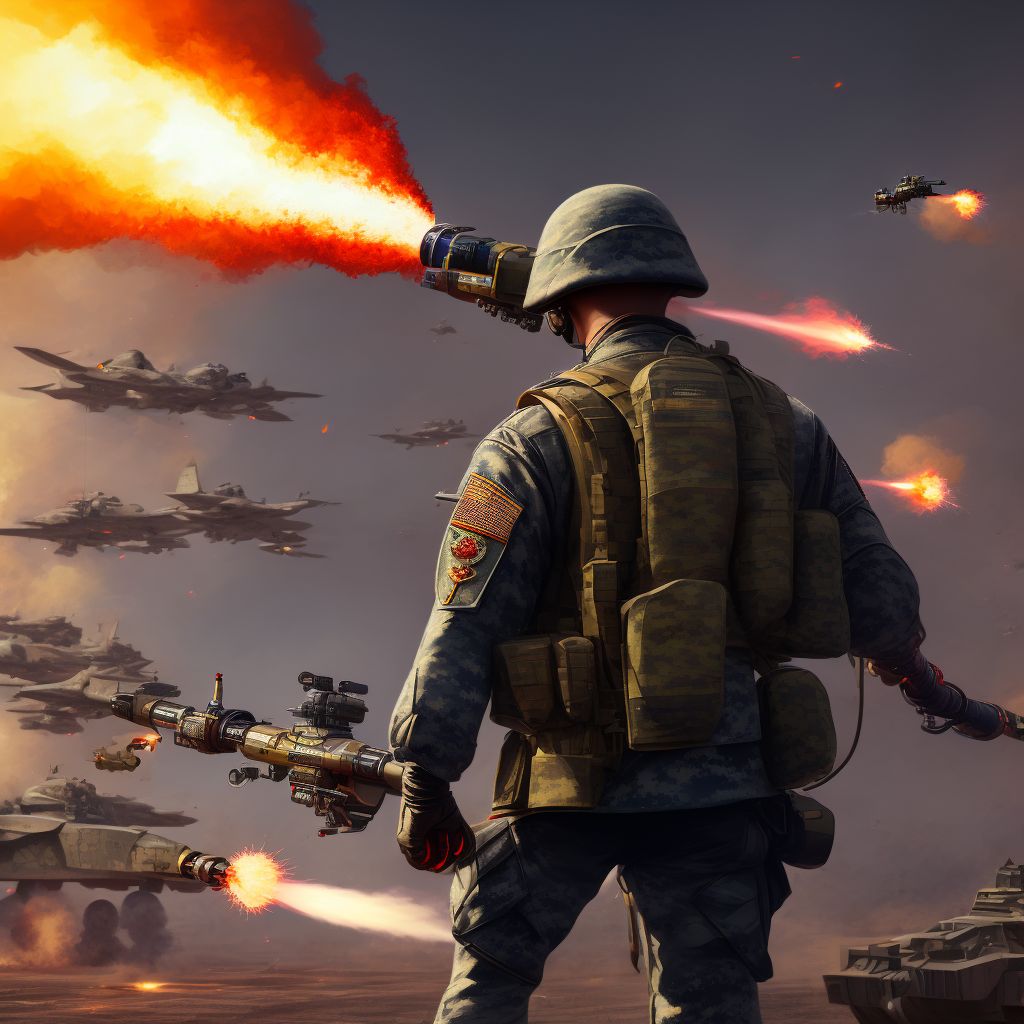 War operations involving flamethrower, military personnel, subsequent encounter digital illustration