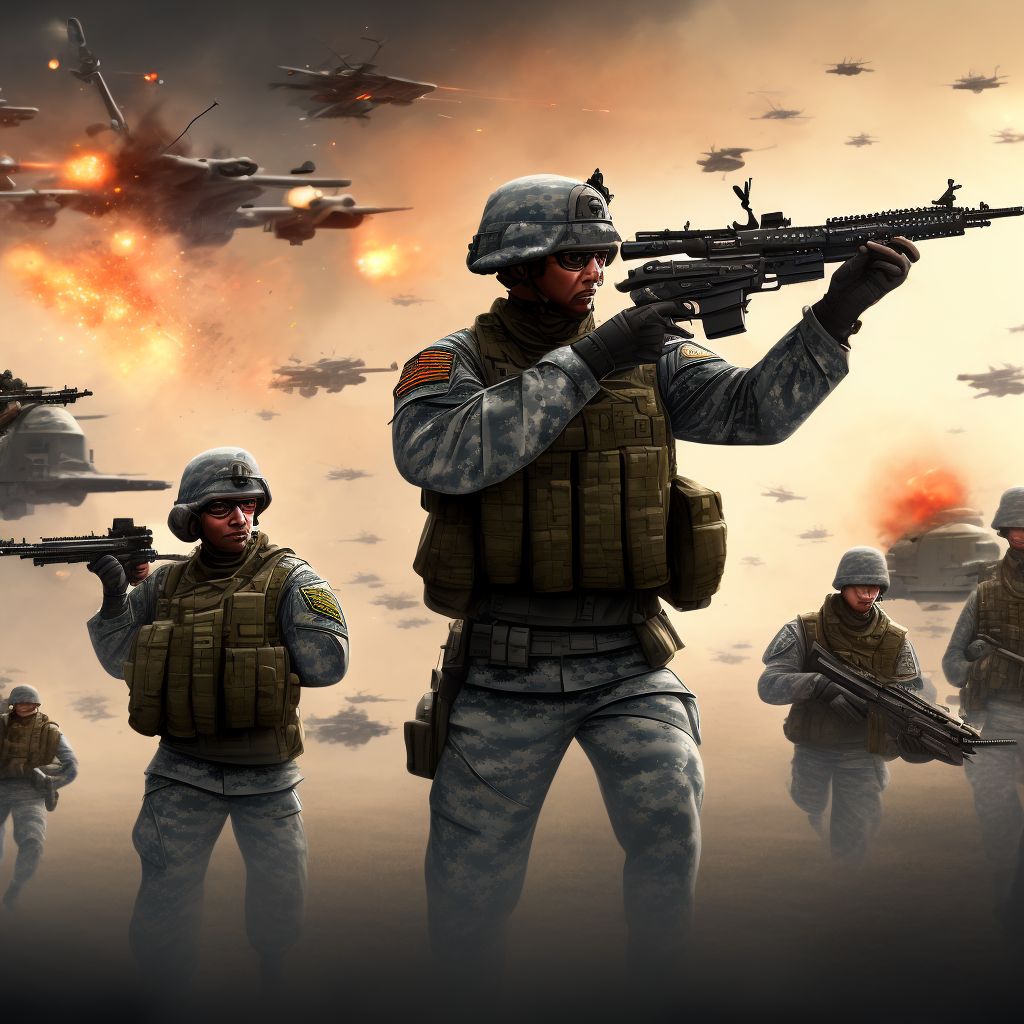 War operations involving other firearms discharge, military personnel, initial encounter digital illustration