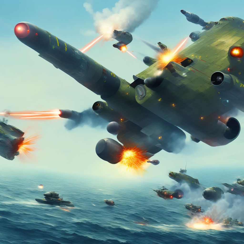 Military operations involving explosion of torpedo, civilian, subsequent encounter digital illustration