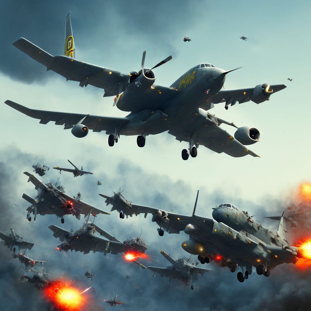 Military operations involving destruction of aircraft due to collision with other aircraft, civilian, initial encounter digital illustration