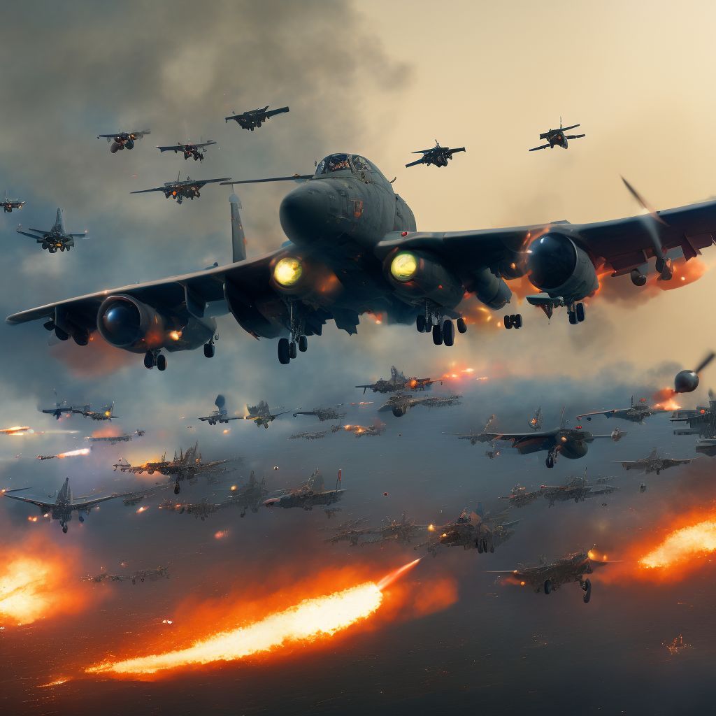 Military operations involving destruction of aircraft due to onboard fire, military personnel, initial encounter digital illustration