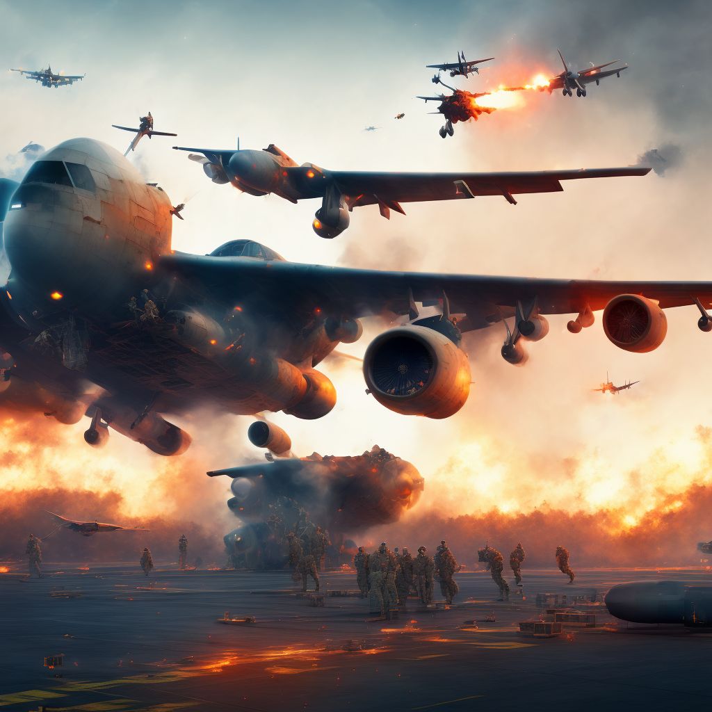 Military operations involving destruction of aircraft due to onboard fire, military personnel, subsequent encounter digital illustration