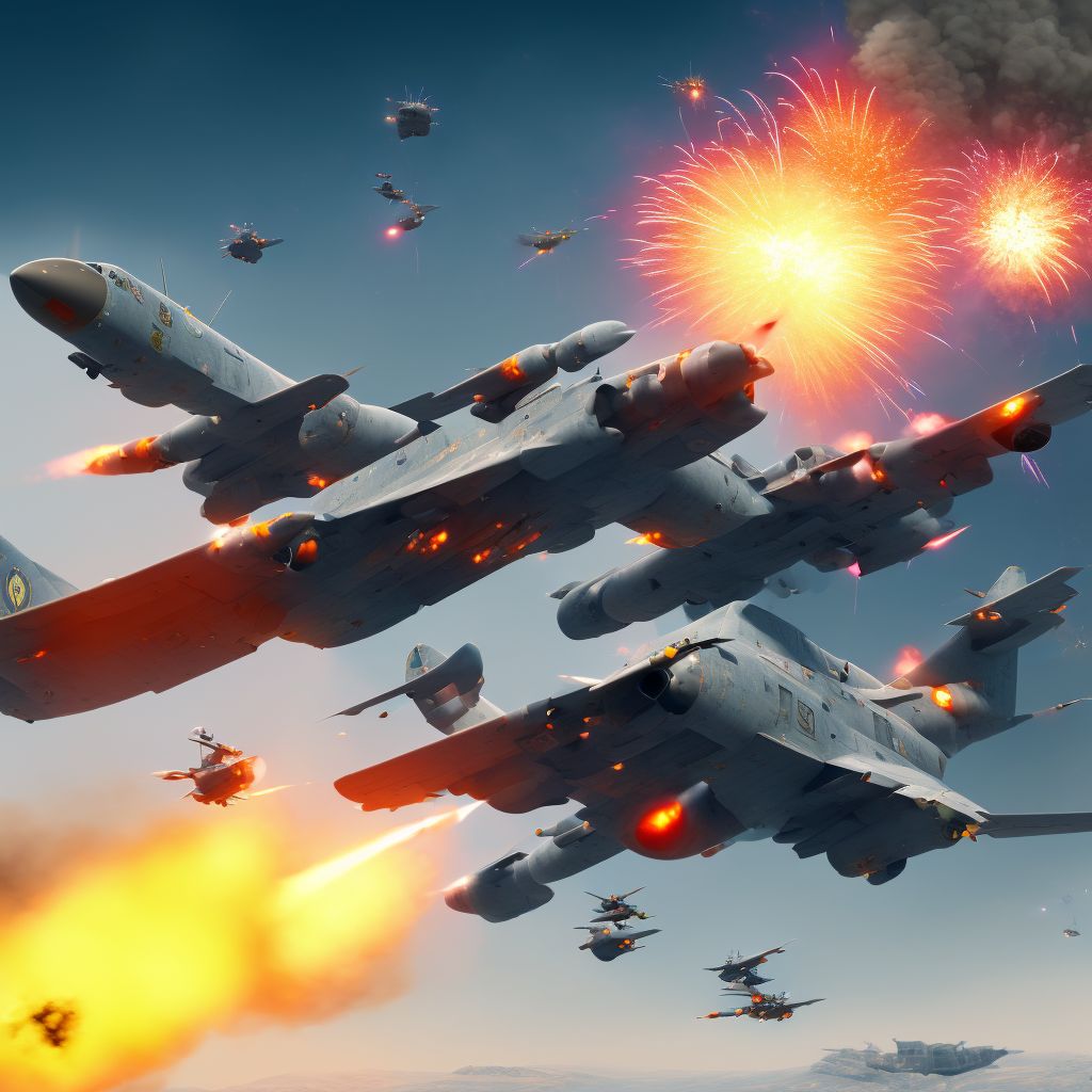 Military operations involving explosion of aerial bomb, military personnel, initial encounter digital illustration