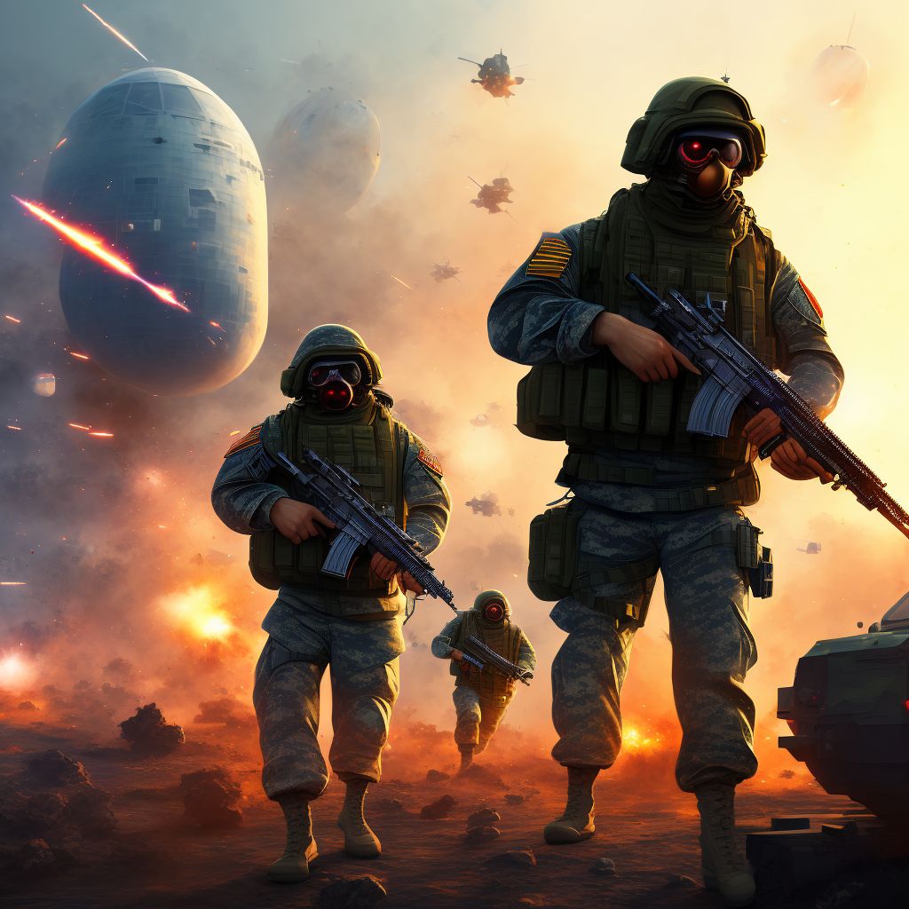 Military operations involving explosion of improvised explosive device [IED], military personnel, initial encounter digital illustration