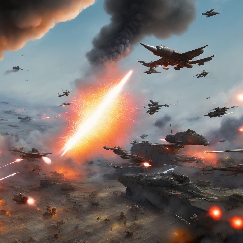 Military operations involving explosion due to accidental detonation and discharge of own munitions or munitions launch device, military personnel, initial encounter digital illustration