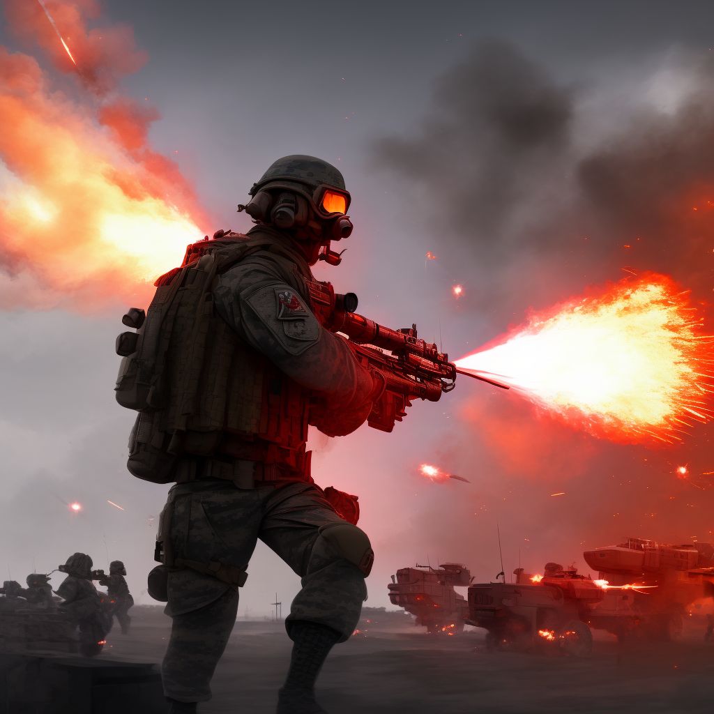 Military operations involving flamethrower, military personnel, initial encounter digital illustration